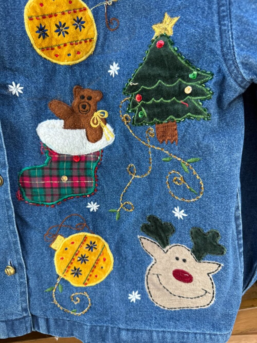 Vintage Tantrums Christmas Denim Jacket Teddy Bear Tree Ornament Plaid Appliqué - Picture 5 of 7
